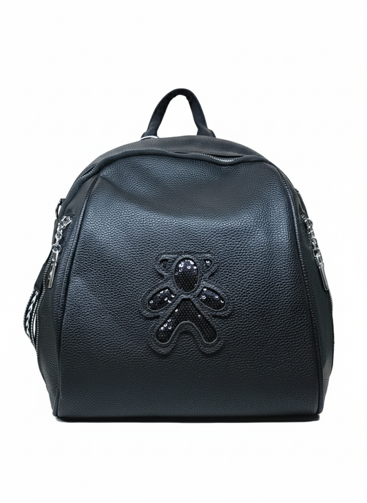 Genuine leather backpack with bear-shaped sequins