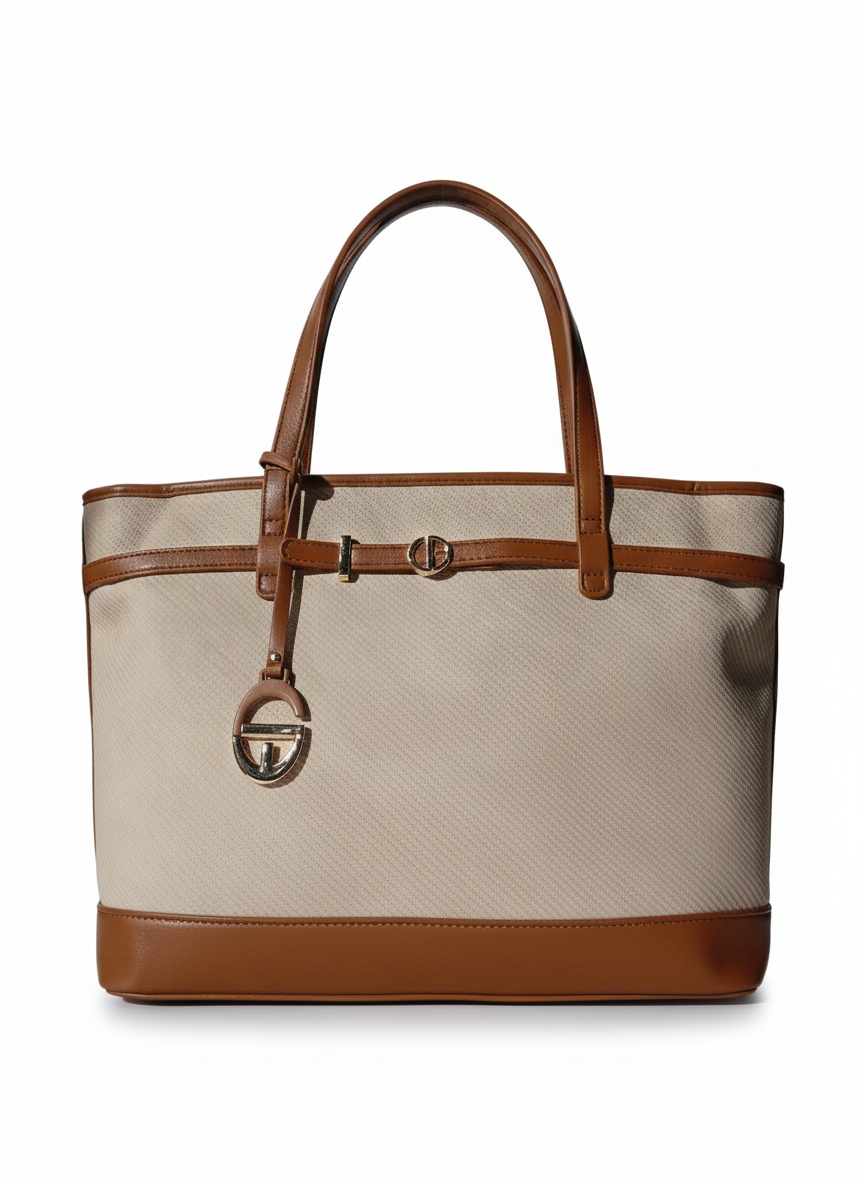 Large two-tone tote bag with long handles