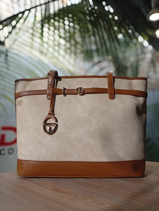 Large two-tone tote bag with long handles